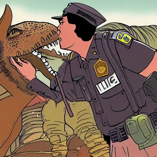 Image similar to super detailed illustration of a police officer and a dinosaur kissing in a war zone