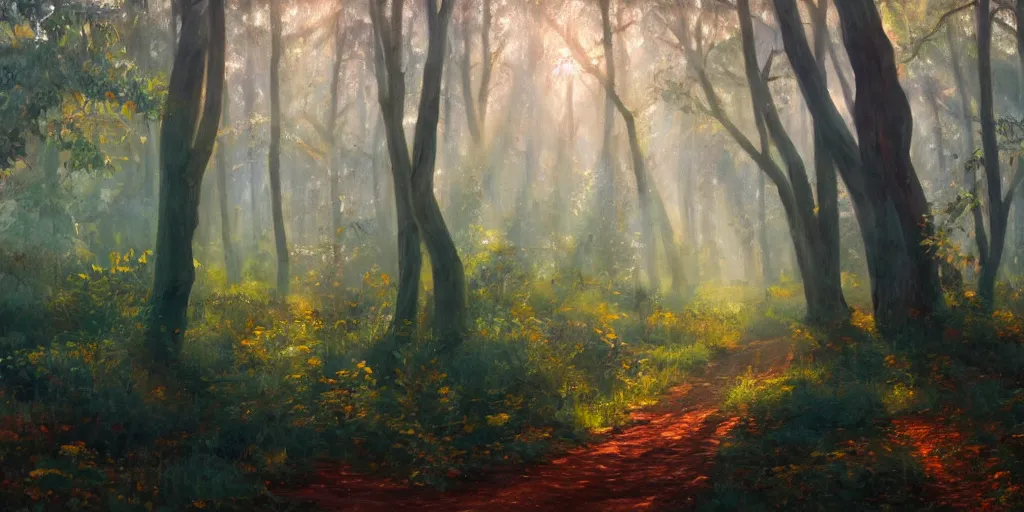 Image similar to An oil painting of an intensely beautiful forest in the morning; rays of light coming through the canopy; trending on artstation