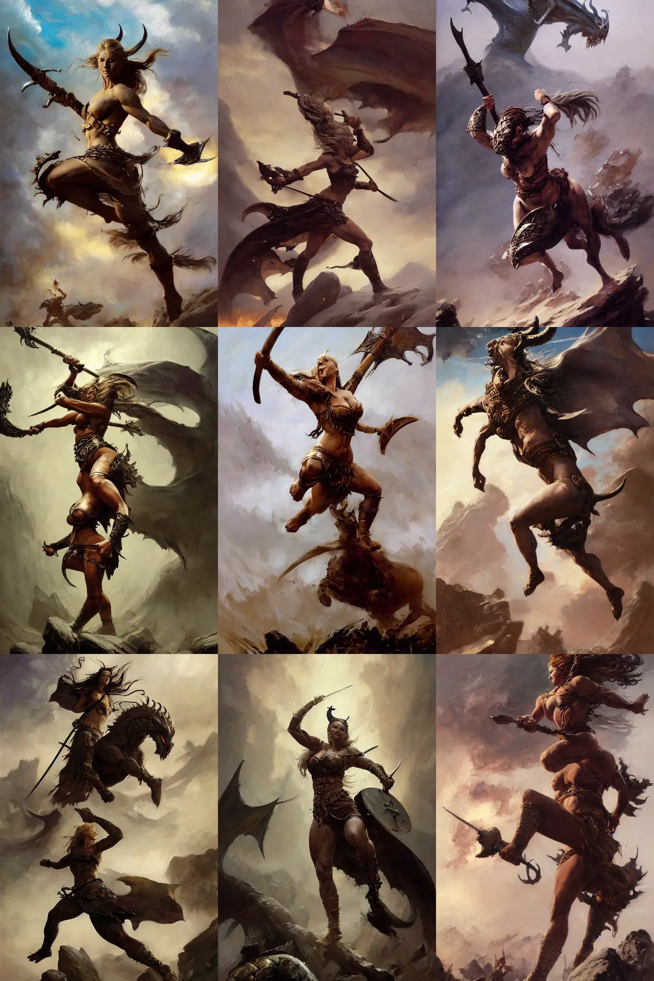 Prompt: An oil painting of a beautiful viking woman sprinting into battle, by Frank Frazetta, Greg Rutkowski, Boris Vallejo, Neal Hanson, Christian MacNevin, epic fantasy character art, goddess of war, high fantasy, Exquisite detail, post-processing, low angle, masterpiece, cinematic, colossal dragon as background