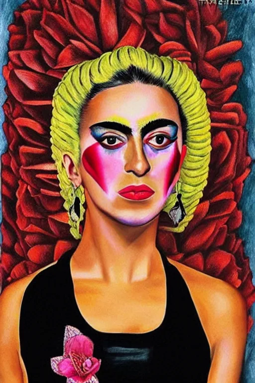 Prompt: Lady Gaga in Frida Kahlo painting style