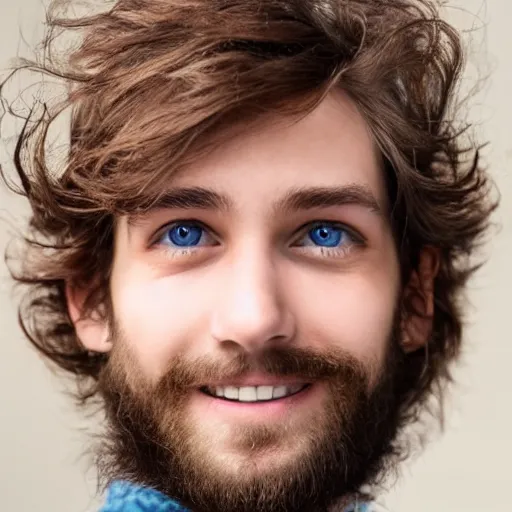 Image similar to caucasian face, medium long brown hair, bad skin, short beard, skinny, blue eyes, smiling, ultrarealistic