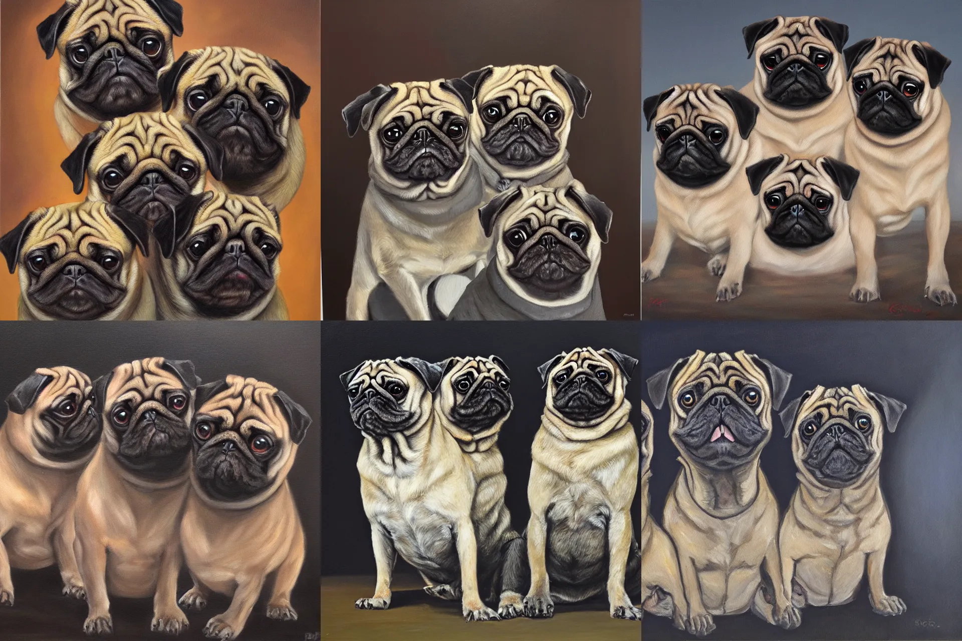 Prompt: an oil painting of a three headed pug Cerbero, dramatic lighting