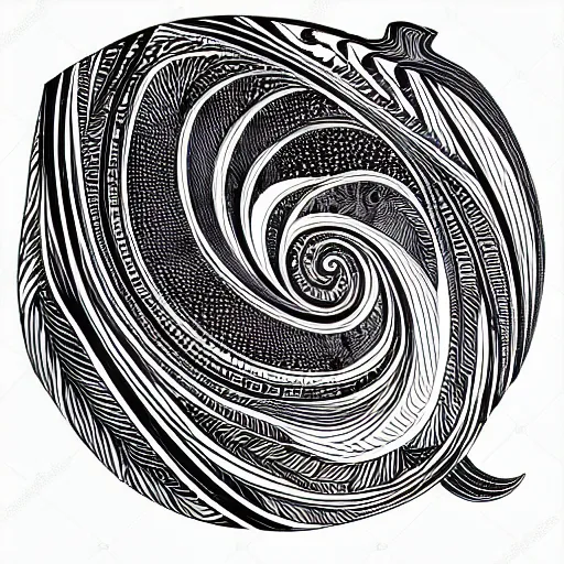 Image similar to an art nouveau design of birds flying in a simple spiral, ink, line art