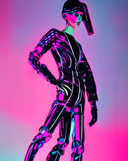 Image similar to an award winning fashion photograph for Balenciaga's futuristic cyberpunk Bladerunner 2049 fall corporate line by Artgerm, dazzle camouflage!, dayglo pink, dayglo blue, raven black