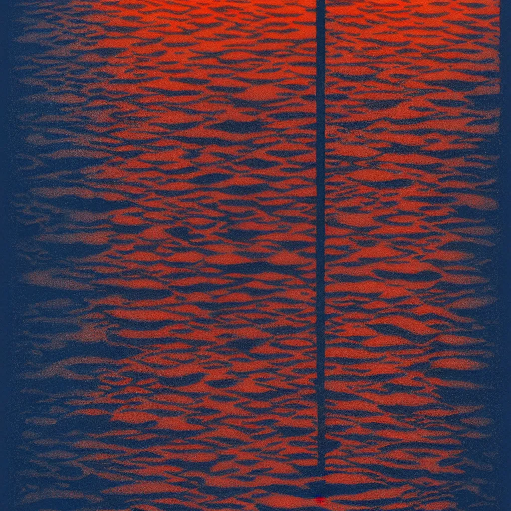 Prompt: standing viewing reflection in lake, mads berg, karolis strautniekas, film noir, stippled light, dramatic lighting, editorial illustration, detailed, fine texture, matte print, art deco, brutalism, dark blue + dark orange, red, black, ( ( habitat 6 7 background ) )