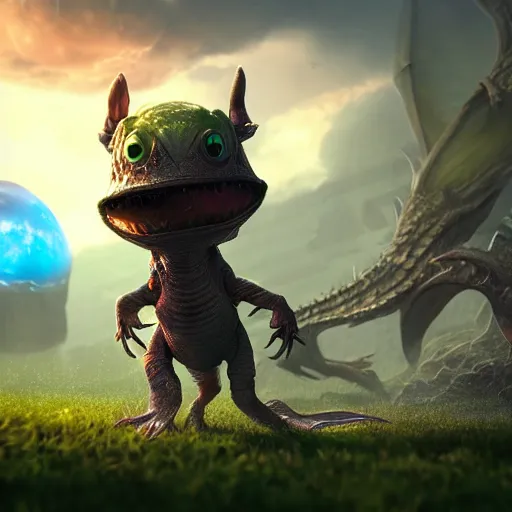 Image similar to an adorable and small alien lands on earth to meet a giant dragon, sweet eyes, concept art, octane render, unreal engine, highly detailed, 4 k, comic book art, cinematic