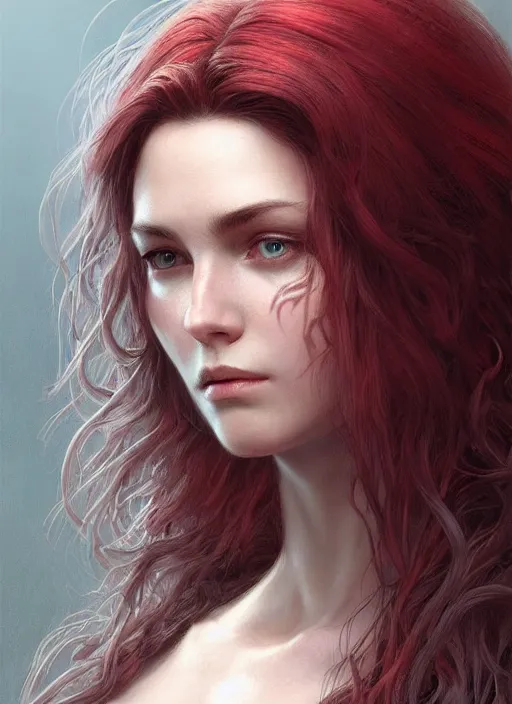 Image similar to vertical portrait of a ruggedly handsome female cleric, soft hair, close - up face, leather, witchy, d & d, fantasy, intricate, elegant, highly detailed, digital painting, artstation, concept art, smooth, sharp focus, illustration, art by artgerm and greg rutkowski and alphonse mucha, plain red background