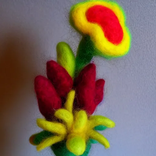 Prompt: a needle felted fire flower power up, needle felting art.