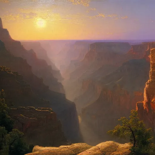 Prompt: A beautiful ultradetailed realistic matte painting of the Grand Canyon by Albert Bierstadt, Emanuel Leutze, and George Caleb Bingham, wallpaper 4K, sunset