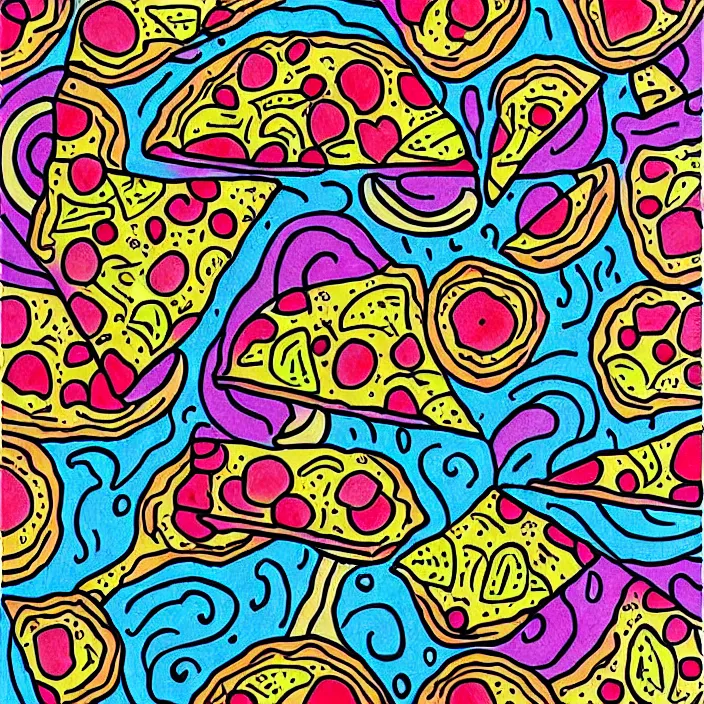 Prompt: pizza:: zentangle! art, ink illustration :: explosion of colors