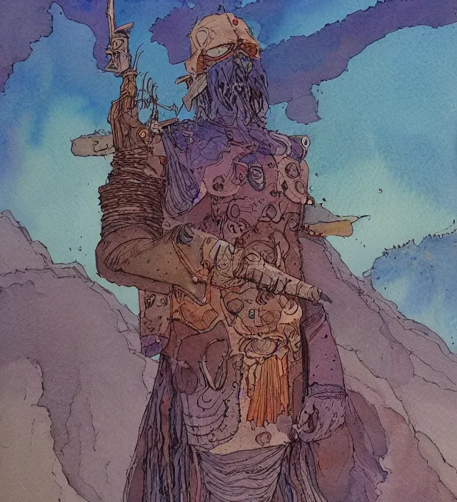 Image similar to a 3 / 4 view watercolor ink painting of an android shaman / wizard wandering desert bringing miracles in the style of jean giraud in the style of moebius trending on artstation deviantart pinterest detailed realistic hd 8 k high resolution