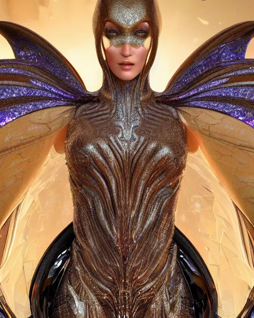 Image similar to a highly detailed metahuman 4 k close up render of an alien goddess bella hadid as alien in iris van herpen dress schiaparelli in diamonds crystals swarovski and jewelry iridescent in style of alphonse mucha gustav klimt trending on artstation made in unreal engine 4