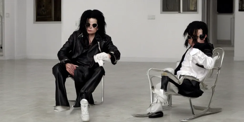 Image similar to michael jackson 2 0 0 9 wearing shades, alone, this is it style, photo real, skin, motion blur, sitting in a chair, by himself, real life, spotted, leaked, ultra realistic face, accurate, 4 k, movie still, uhd, sharp, detailed, cinematic, render, modern