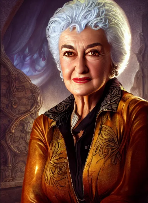 Image similar to highly detailed portrait of bea arthur, fantasy illustration by simon bisley, global illumination, radiant light, detailed and intricate environment