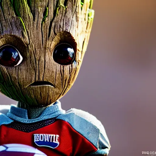 Image similar to baby groot playing football for the denver broncos, macro lens, low angle