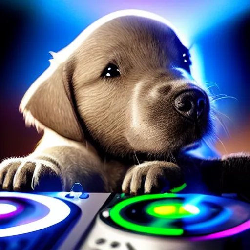 Image similar to puppy as a DJ, 8k, volumetric lighting, hyper realistic