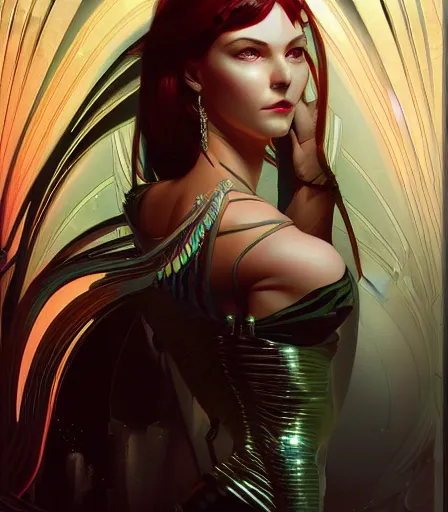 Image similar to portrait of a cyberpunk art deco woman who looks like Rias Gremory sci-fi, fantasy, intricate, elegant, highly detailed, digital painting, artstation, smooth, sharp focus, illustration, art by artgerm and greg rutkowski and alphonse mucha