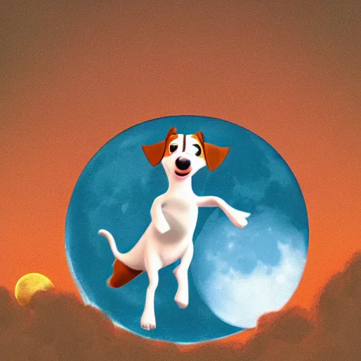 Image similar to cute pixar jack russel terrier, jumping over the smiling moon, concept art, pixar, disney studios, dreamworks animation