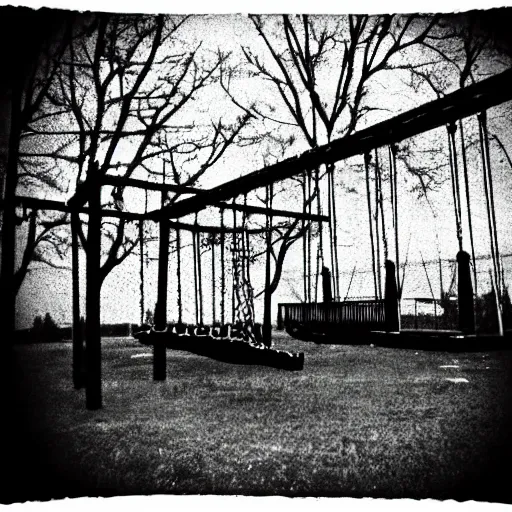 Prompt: grunge disposable camera photo of a swing set | horror | nightmare