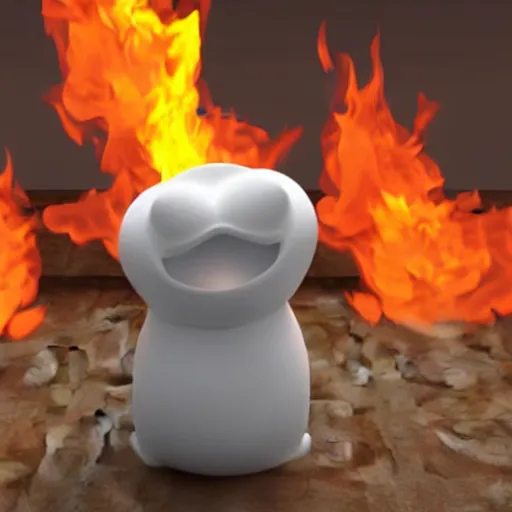 Image similar to a 3 - d rendering of a marshmallow screaming in pain while it is on fire