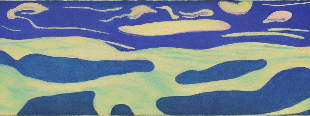 Image similar to Psychedelic sci-fi dreamworld. Landscape painting. Organic. Winding rushing water. Waves. Clouds. Landscape by Milton Avery.