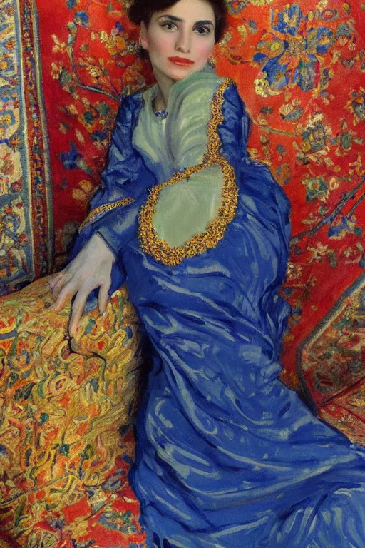 Prompt: gorgeous iranian girl waer detailed golden blue dress lay down on a detailed persian carpet a big tree palm persian pot, painting by john singer sargent