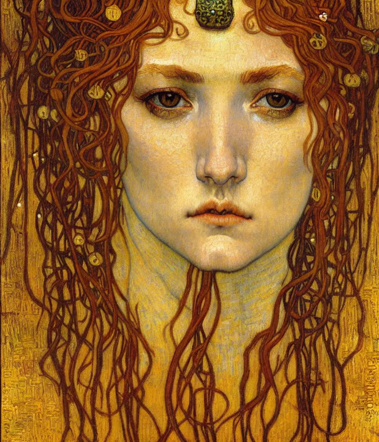 Image similar to detailed realistic beautiful young medieval queen face portrait by jean delville, gustav klimt and vincent van gogh, art nouveau, symbolist, visionary, gothic, pre - raphaelite, muted earthy colors, desaturated