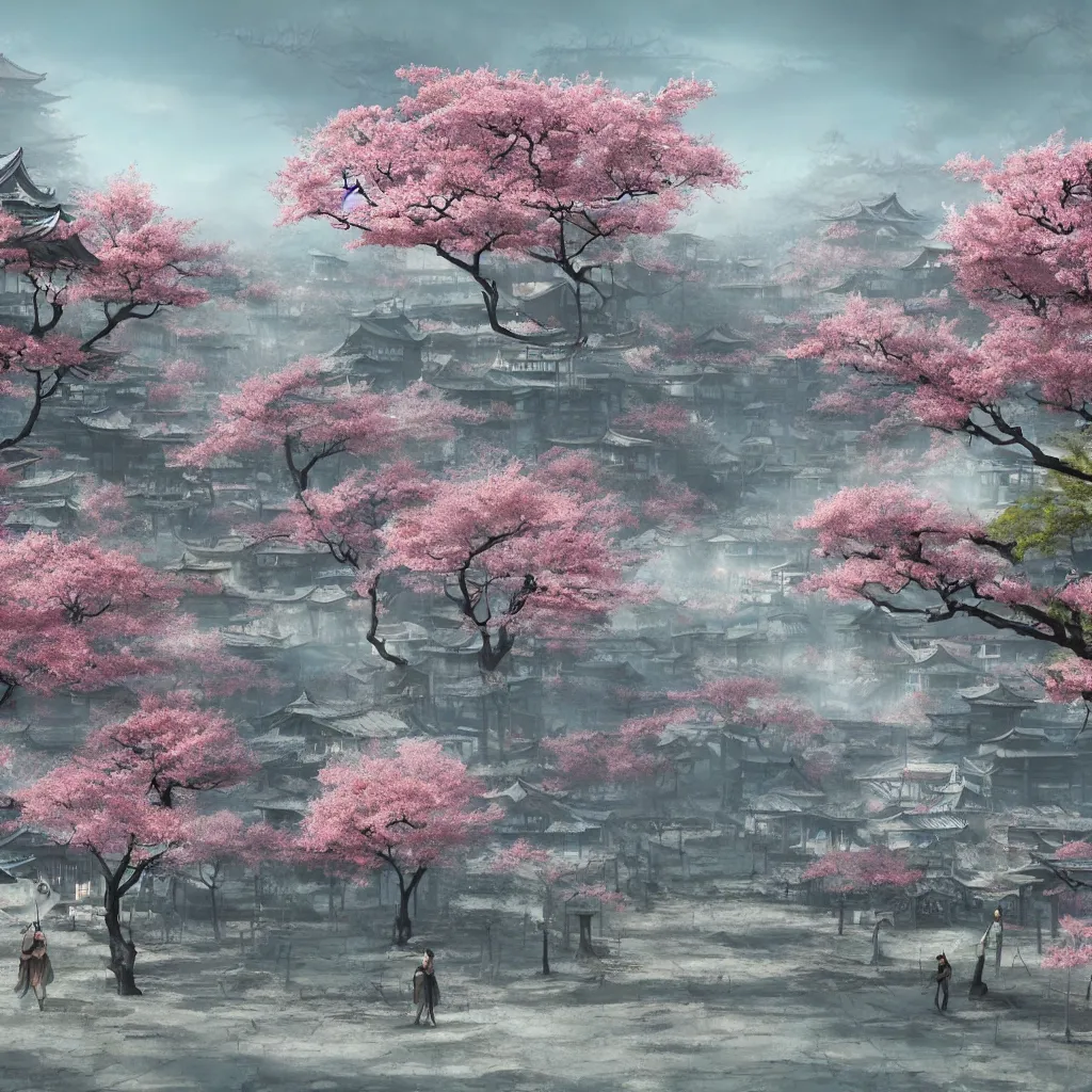 Prompt: old empty samurai city surrounded by sakura trees, matte painting, digital art, artistation