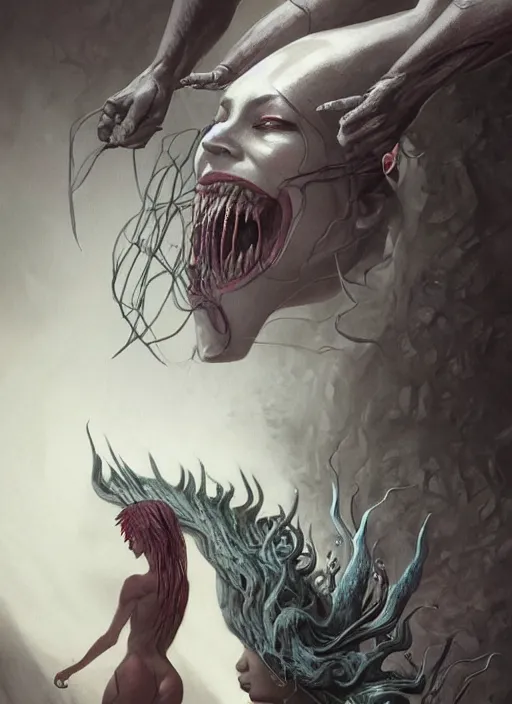 Prompt: a detailed full body portrait of 2 female monsters facing off, queen of blades, mutation, by dorian cleavenger, zdzisław beksinski, by artgerm, by bastien lecouffe - deharme trending on artstation