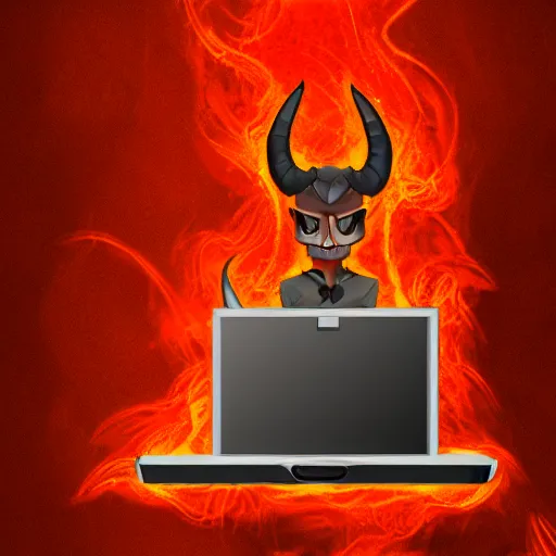 Image similar to a demon programmer gentleman ~ using a laptop ~ lava background ~ digital art ~ two horns ~