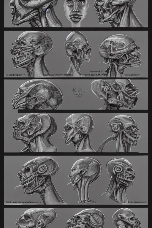 Image similar to facial anatomy with gunmetal grey skin, medical anatomy, very symmetrical face, highly detailed, mecha, three - perspective / three - view reference sheet ( front / back / side ), in the style of dan ouellette, hr giger, sil from species, dren from splice, biomechanical, artstation, unreal engine