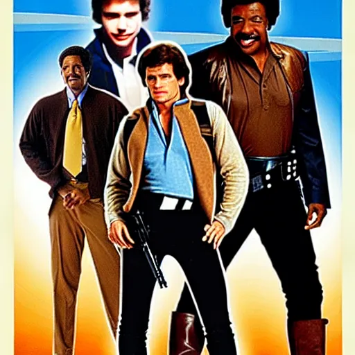 Prompt: weekend at bernie's movie poster, han solo as andrew mccarthy, lando calrissian as jonathan silverman, tobias beckett as terry kiser