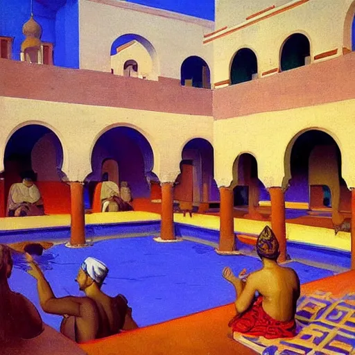 Image similar to a detailed oil painting of a harem pool with arabic patterns, by nicholas roerich, by frank frazetta!!!! by georgia o keeffe by frederick william elwell, by hans emmenegger, by eyvind earle highly detailed!!!, realistic, outline, line work, fantasy, oriental, stylised flat colors, animation