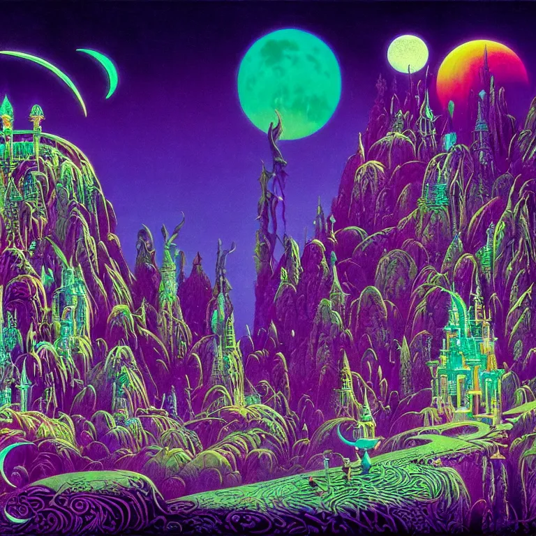 Prompt: mysterious crescent moon over magical crystal temple, bright neon colors, highly detailed, cinematic, tim white, eyvind earle, philippe druillet, roger dean, lisa frank, aubrey beardsley, ernst haeckel