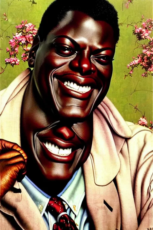 Image similar to bernie mac by gil elvgren and norman rockwell and rob gonsalves and hajime sorayama, hyperrealistic, high detail, ultra detailed, highly detailed face, ruffled fabric