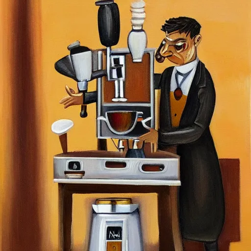 Prompt: a painting of a humanoid espresso machine that makes coffee from human souls