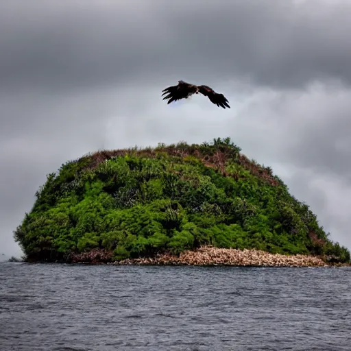 Prompt: floating islands on a cloudy day with a bunch of eagles flying around