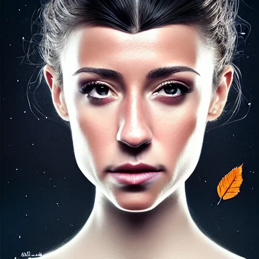 Prompt: gorgeous female stella maeve magician, realistic character concept, overhead shot, drone shot, elegant pose, spooky, illustration, symmetrical face and body, cinematic lighting, detailed realistic symmetrical eyes, 8 k, joshua middleton, artgerm, tom bagshaw, single face, insanely detailed and intricate elegant, autumn leaves