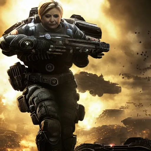 Image similar to hillary clinton in gears of war, splash art, movie still, cinematic lighting, dramatic, octane render, long lens, shallow depth of field, bokeh, anamorphic lens flare, 8 k, hyper detailed, 3 5 mm film grain