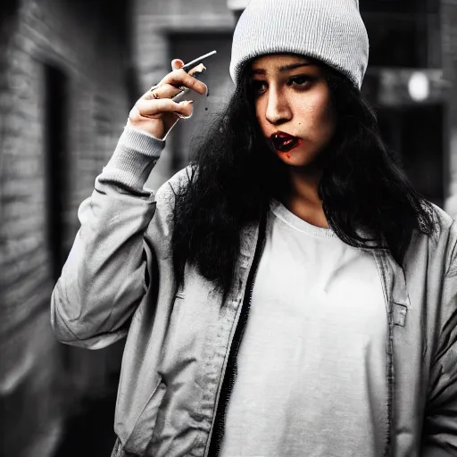 Prompt: Photograph of a mixed woman smoking a cigarette wearing a black beanie and black bomber jacket, urban environment, depth of field, 4k, 8k, hd, award-winning, 82 mm sigma, close up