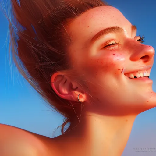 Image similar to portrait of a cute thin young woman, red blush, cute freckles, smug smile, modern clothes, relaxing on the beach, golden hour, close up shot, 8 k, art by irakli nadar, hyperrealism, hyperdetailed, ultra realistic