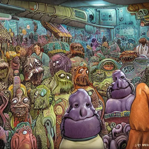 Prompt: crowded extraterrestrial bazaar on another planet, Jim Henson creature shop, highly detailed, illustration