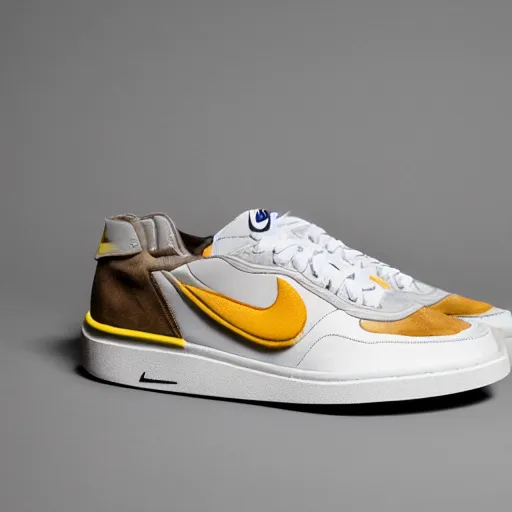 Prompt: a studio photoshoot of A Nike sneaker designed by Errolson Hugh, leather and suede, Acronym, realistic, color film photography by Tlyer Mitchell, 35 mm, graflex