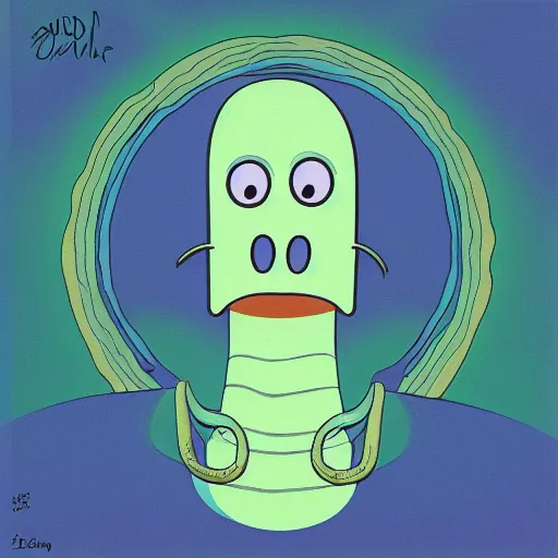 Image similar to humanoid squidward blue note album cover