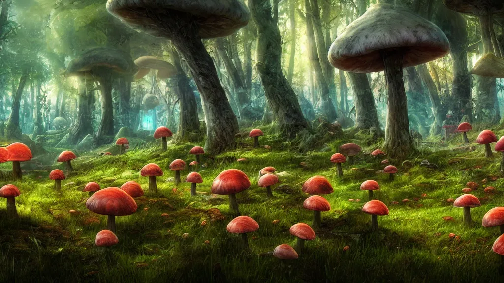 Prompt: mushroom forest, fantasy artwork, very very very beautiful scenery, hd, hdr, ue5, ue6, unreal engine 5, cinematic 4k wallpaper, 8k, ultra detailed, high resolution, artstation, award winning