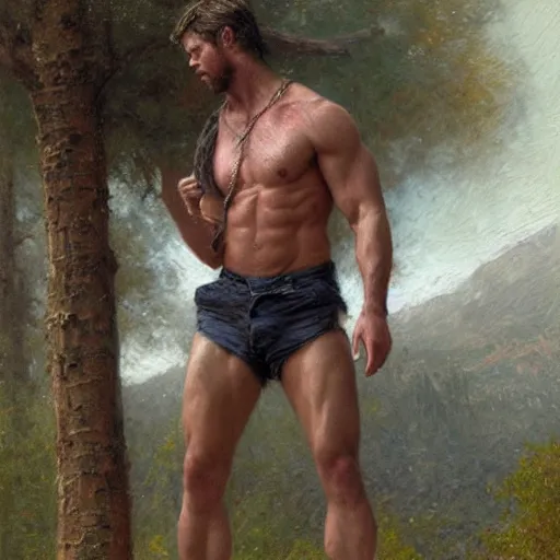 Image similar to Chris Hemsworth with a hairy shredded body type, painting by Gaston Bussiere, Craig Mullins