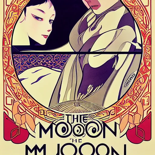 Prompt: the moon, poster by mucha and kuvshinov