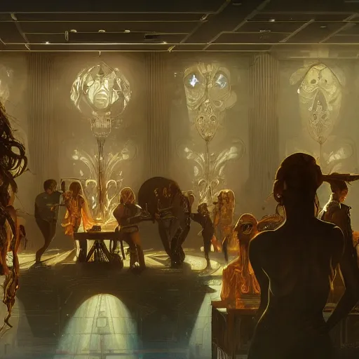 Image similar to A music club with lighting elements from the movie the fifth element, gorgeous, beautiful, intricate, highly detailed, digital painting, artstation, oppressive lighting, sci-fi concept art, sharp focus, illustration, art by greg rutkowski and alphonse mucha