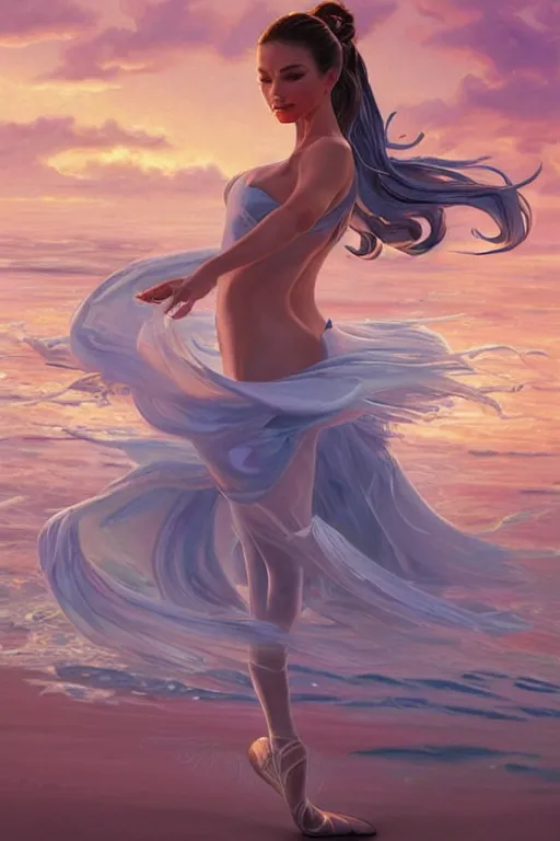 Prompt: a ballet dancing Sofía Vergara as a heroine with a dress inspired by the great wave off kanagawa on the beach at sunrise, digital painting, artstation, concept art, smooth, sharp focus, illustration, in-frame, centered, art by artgerm and donato giancola and Joseph Christian Leyendecker, Ross Tran, WLOP