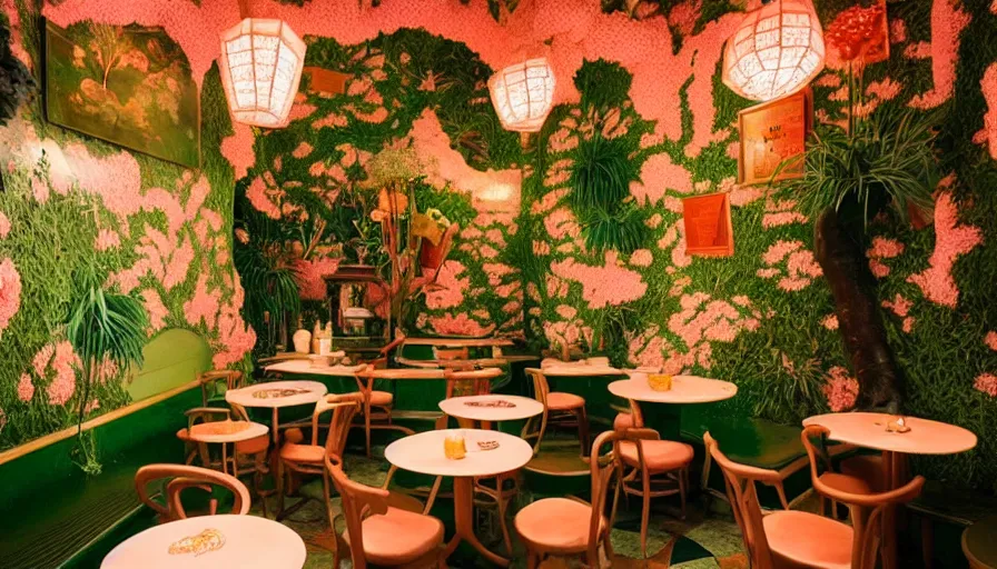 Prompt: Dreamy photo of a very cozy cafe that is transforming into a surreal magical Japanese temple, lush plants, in the style of Gucci, photographed by Petra Collins and Wes Anderson, glowing lights, magic details, very detailed, 8k, cinematic look, very detailed